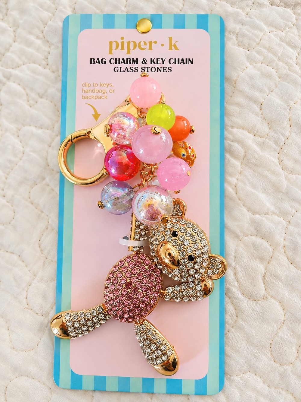 Piper K Rhinestone Teddy Bear Bag Charm Keychain NWT